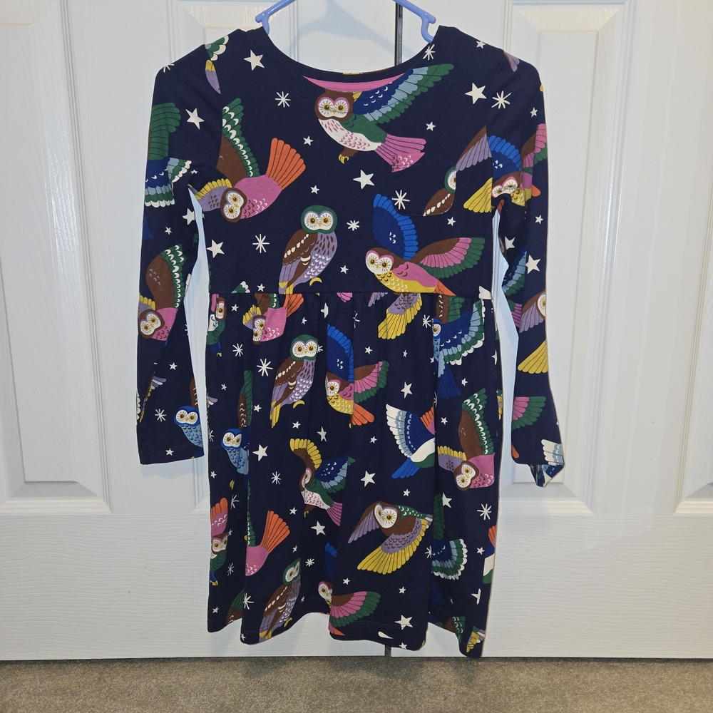 Mini Boden Navy Long-Sleeve Dress with Colorful Owl Print